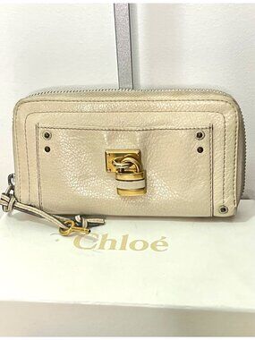 Chloé Paddington Off-White Leather Zip-Around Wallet With Gold Lock and Key